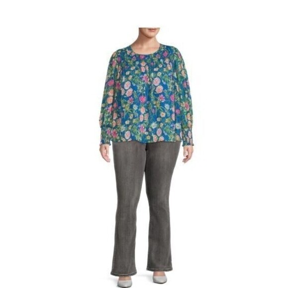 Terra & Sky Blue Smocked Chiffon Floral Blouse Plus Size 3X (24/26) - Picture 1 of 14